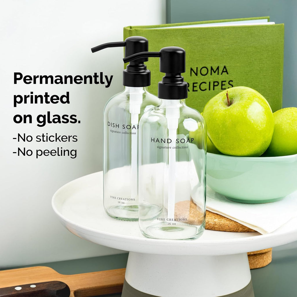 Vine Creations Clear Glass Soap Dispenser Set, Dish Soap and Hand Soap Dispenser Set with Stainless Steel Pump, 16 oz Glass Dispensers for Kitchen Bathroom Decor (Clear Bottle/Matte Black Pump)