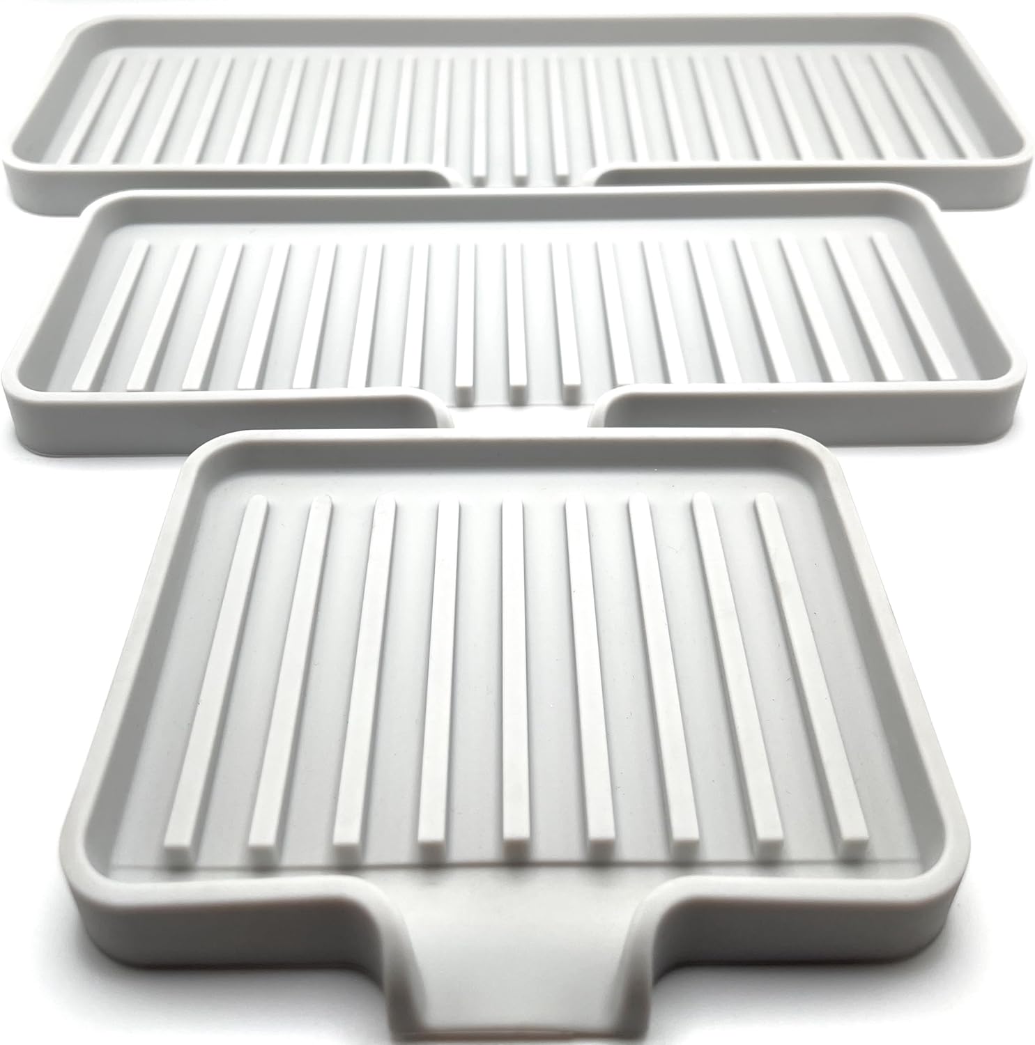 Happitasa Silicone Soap Dish Tray and Sponge Holder with Drain Chute, Pack of 2 | Bathroom and Kitchen Sink Organizer Caddy (Light Grey, 5.2"x4", 7.2 Ounces)