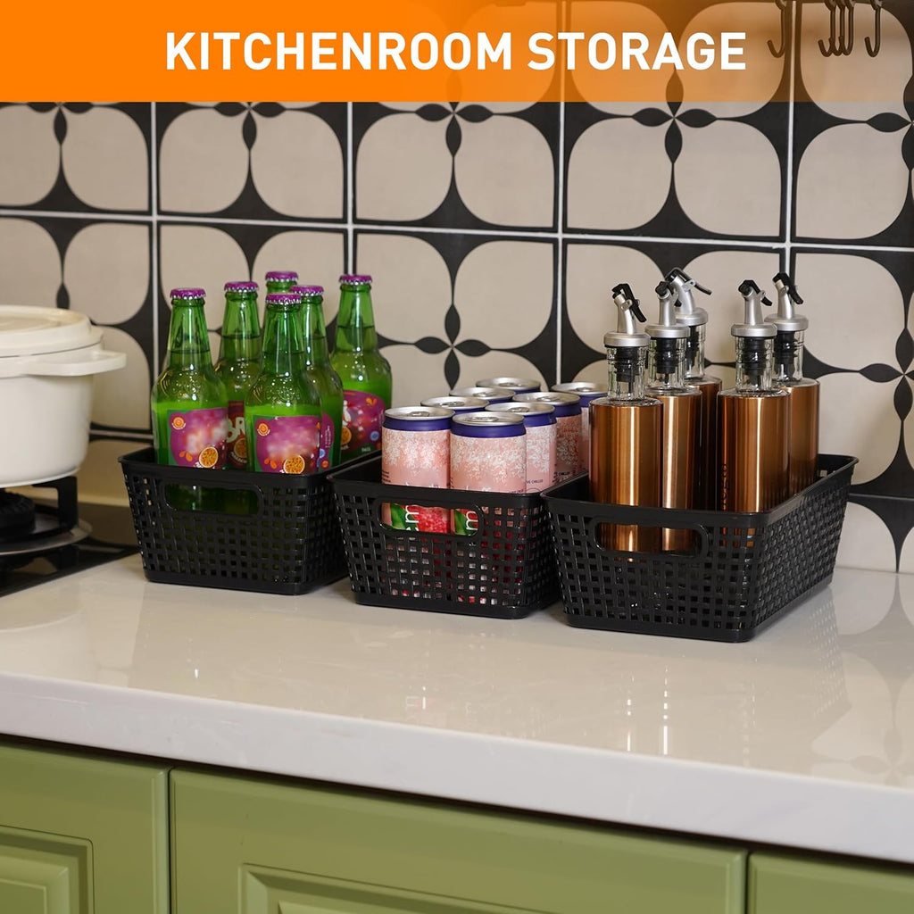 Plastic Storage Baskets With Lid, Storage Bins for Organizing, Stackable Decorative Containers for Shelves Drawers Desktop Closet Playroom Classroom Office, 8 Pack-Black