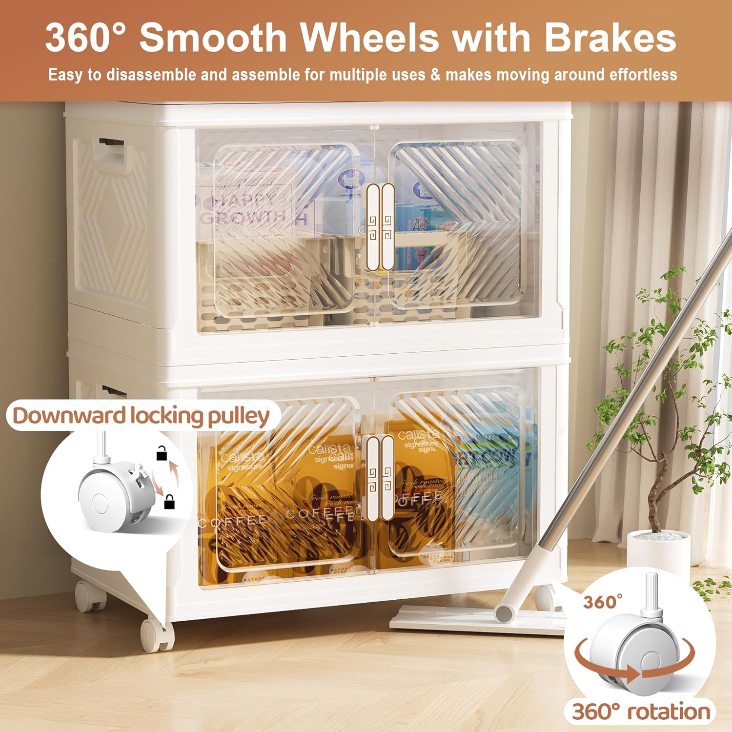 Storage Bins with Lid 48QT, Stackable Storage Containers with Wheels and Magnetic Doors, Plastic Clothes Closet Organizers and Storage Box for Pantry, Home and Office (4 Pack)