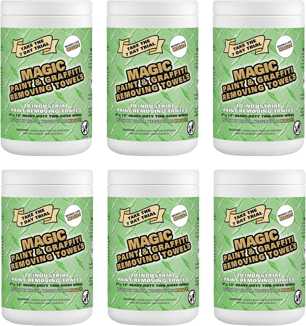 Magic Heavy Duty Paint & Graffiti Removing Wipes - Dual Sided Industrial Cleaning Towels | Waterless | Removes Adhesive, Ink, Marker, Spray Paint, Tar, Decals & more (6 Pack | 420 Sheets Total)