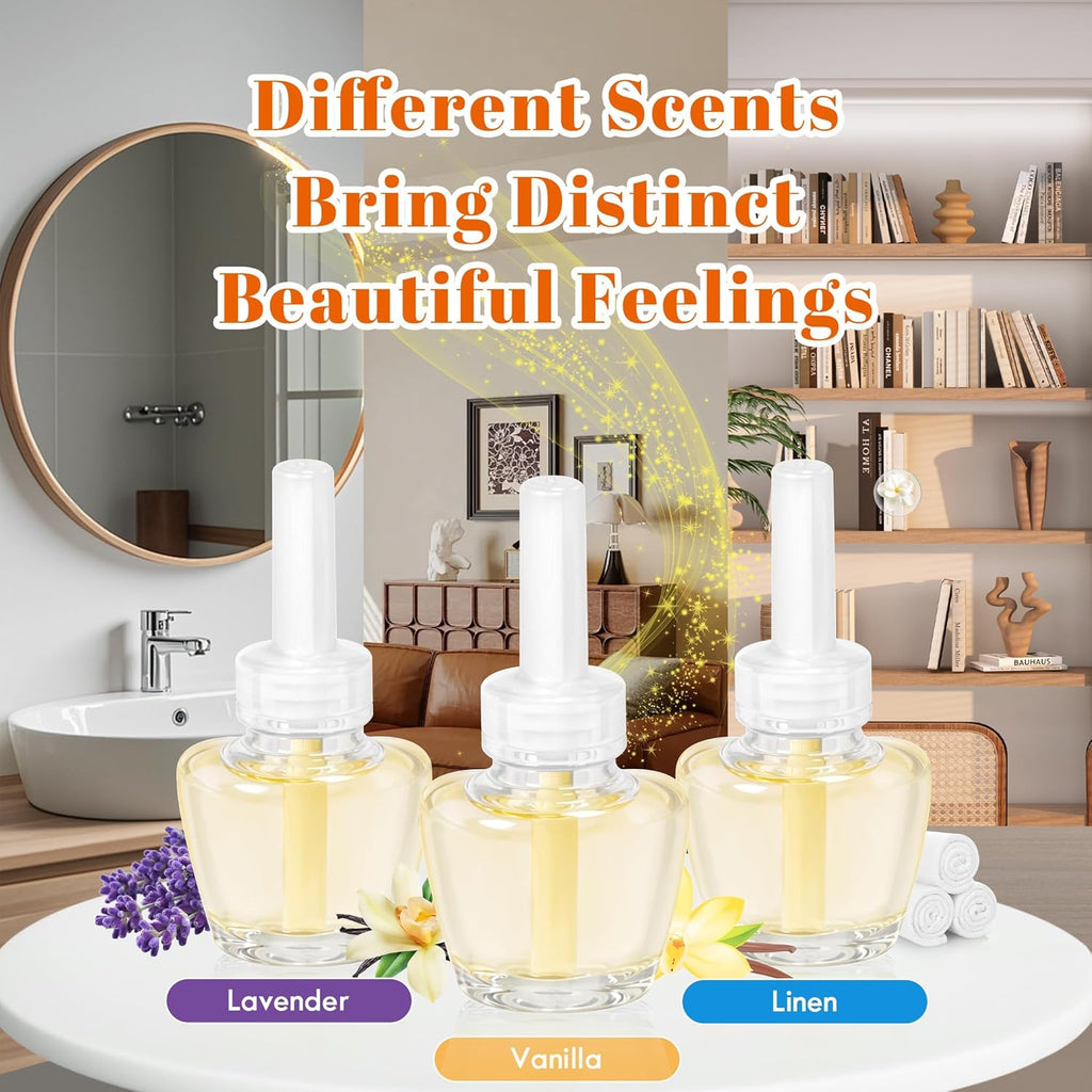Plug-in Air Freshener Starter Kit, 1 Warmer and 9 Essential Oil Refills, Lavender, Vanilla, Linen Scent for Home, Bathroom and Office, Compatible with Air Wick and Glade Air Fresheners