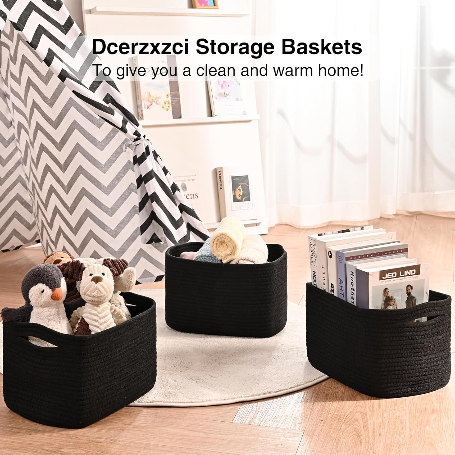 Small Storage Baskets for Organizing Shelves, Cotton Rope Basket for Storage, Cute Rectangular Book Toy Bins, 12.7"×9.1"×7.9", 4 Packs, Black