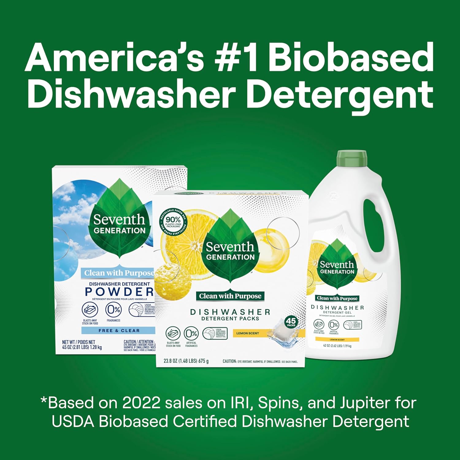 Seventh Generation Dishwasher Detergent Packs Lemon scent 2 Pack for sparkling dishes Dishwasher tabs 45 count
