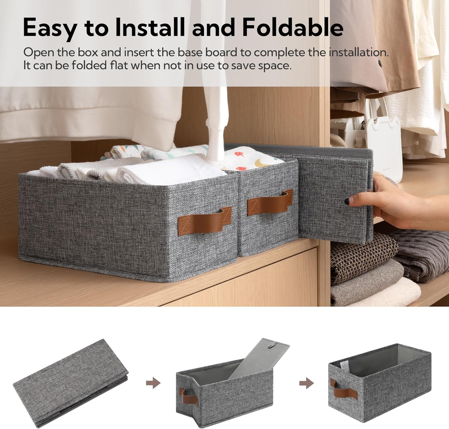 GRANNY SAYS Small Fabric Storage Bins with PU Handles, Storage Baskets for Shelves, Toilet Paper Storage, Narrow Baskets for Organizing DVD, Photos, Clothes, Diaper, Sock, Cd, 6-Pack, Gray