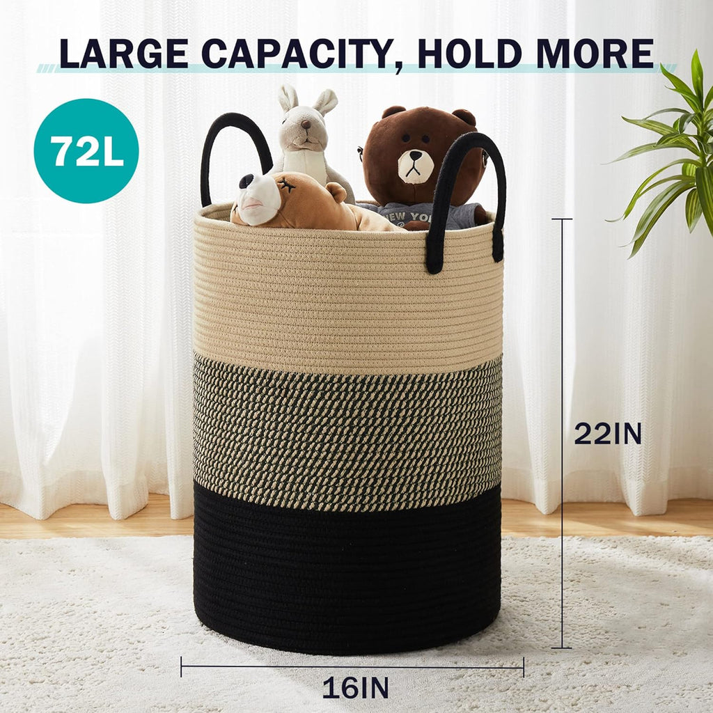YOUDENOVA Woven Rope Laundry Hamper Basket, 72L Tall Luandry Basket, Baby Nursery Hamper for Blanket Storage, Clothes Hamper for Laundry in Bedroom-Large-Black & Brown