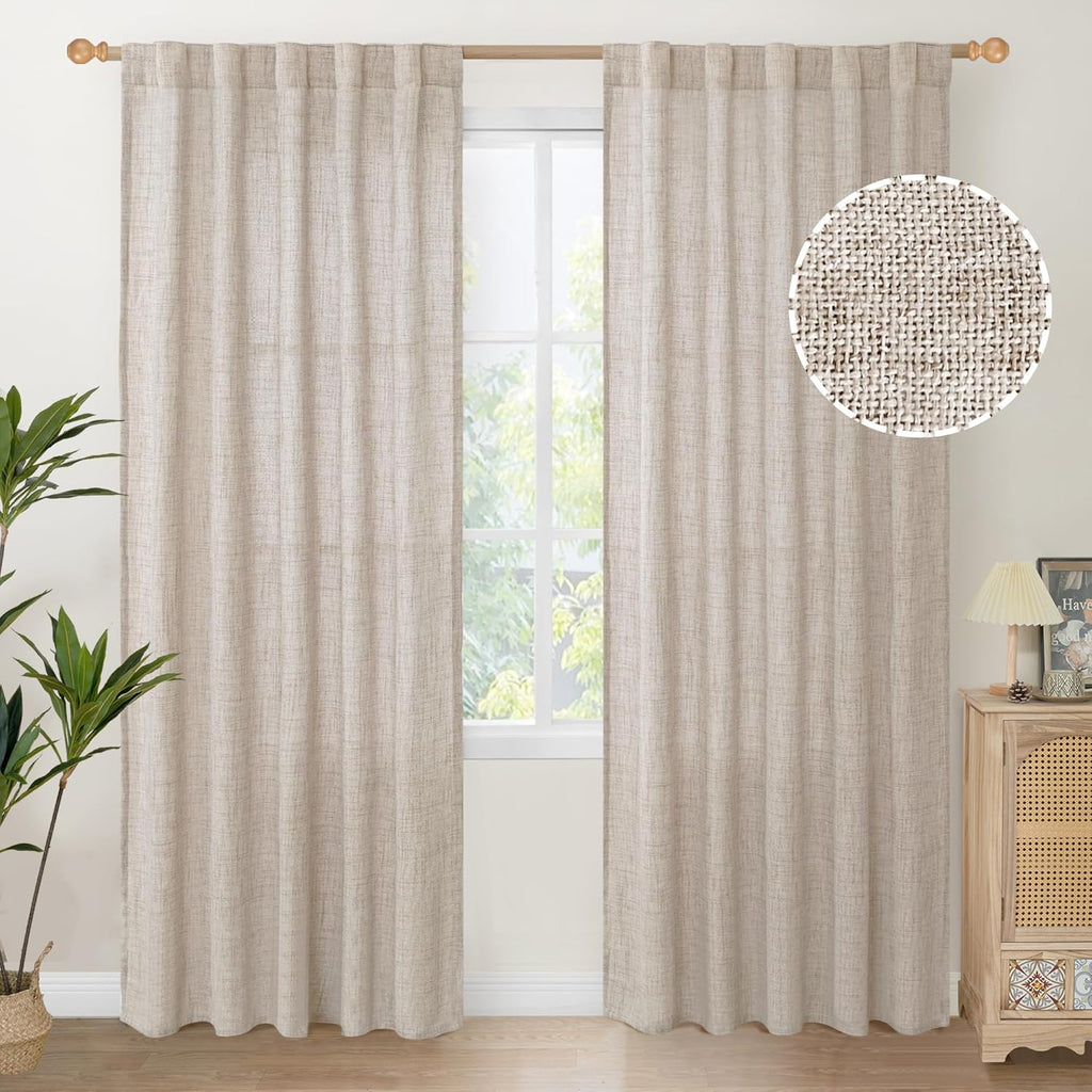 YoungsTex Natural Linen Curtains 84 Inch Length 2 Panels Rod Pocket Light Filtering Textured Window Drapes with Ring Clips for Living Room Dining Bedroom, 38 X 84 Inches