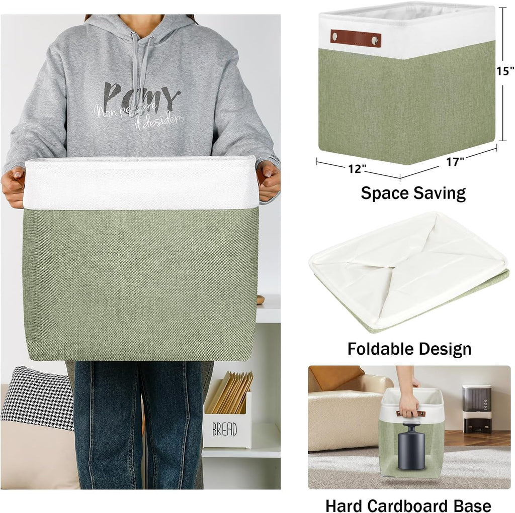 DULLEMELO Extra Large Storage Baskets, 17"x12"x15" Fabric Storage Bins for Organizing Shelves Nursery Toys Books, Collapsible Storage Baskets Rectangular Canvas Bins with Handles, White&Green, 2-Pack