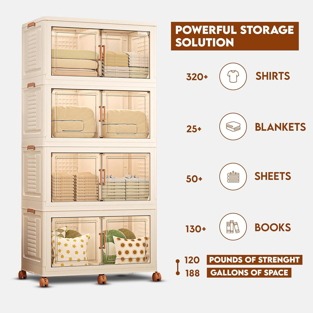 752QT/188Gal 4 Layers Stackable Storage Bins with Lid & Doors - Sensor Lights in Cabinets, Large Collapsible Container Box with 6 Wheels, Plastic Foldable Organizer for Home