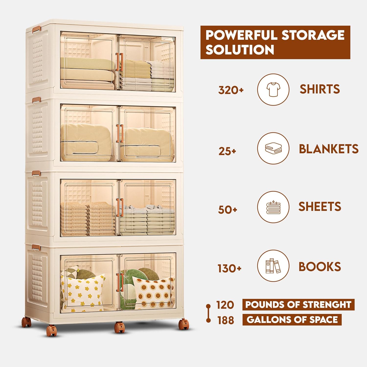 752QT/188Gal 4 Layers Stackable Storage Bins with Lid & Doors - Sensor Lights in Cabinets, Large Collapsible Container Box with 6 Wheels, Plastic Foldable Organizer for Home