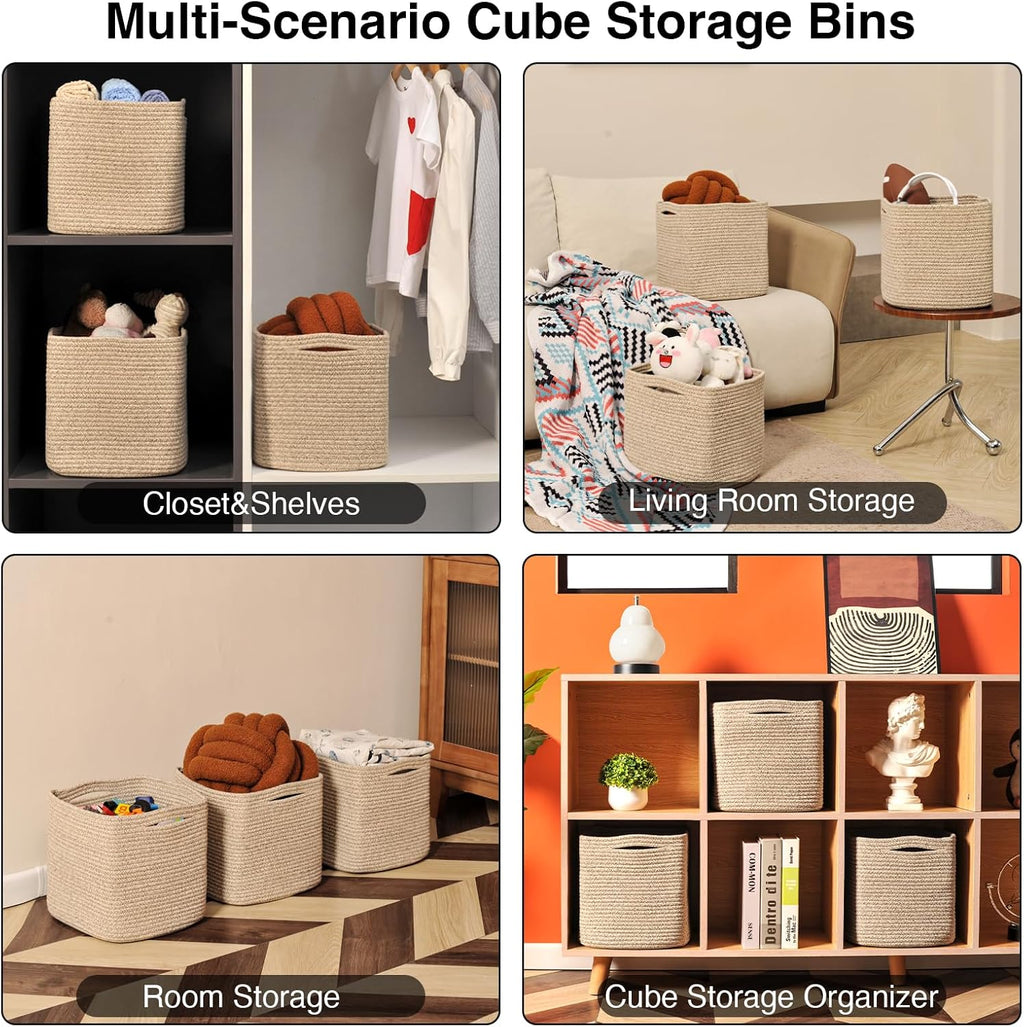 11 Inch Cube Storage Bins, Storage Cube Organizer Bins, Woven Cotton Rope Baskets for Storage, Storage Basket for Organizing Shelves, Square Baskets for Toys Nursery, Brown (Pack of 3)