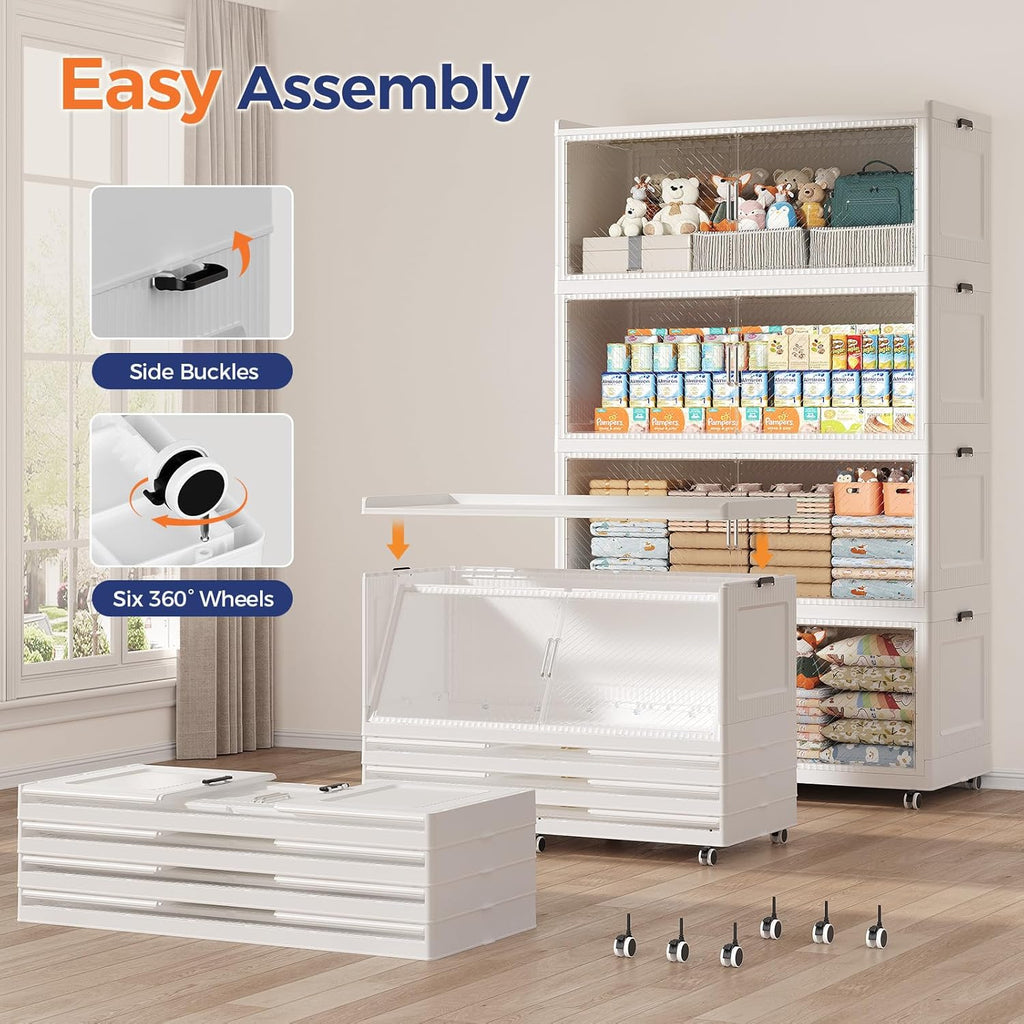 200GAL Extra Large Storage Bins with Lid, 800QT Collapsible Organizer with Wheels, Stackable Closet Cabinet with Doors, Folding Storage Containers for Home, Office, Dorm, 4Pack White