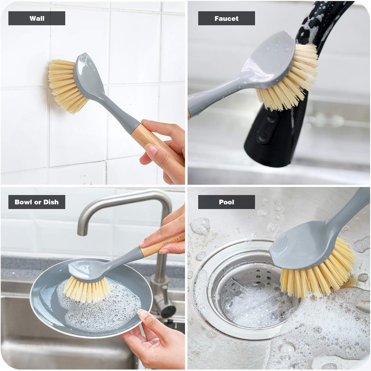 Natural Bamboo Dish Brush Bottle Scrub Brush 4-Piece Set, with Ceramic Soap Dispenser - Wooden Washing Up Brushes with Sturdy Handles for Cleaning Dishes, Pots, Pans, Gift Kit