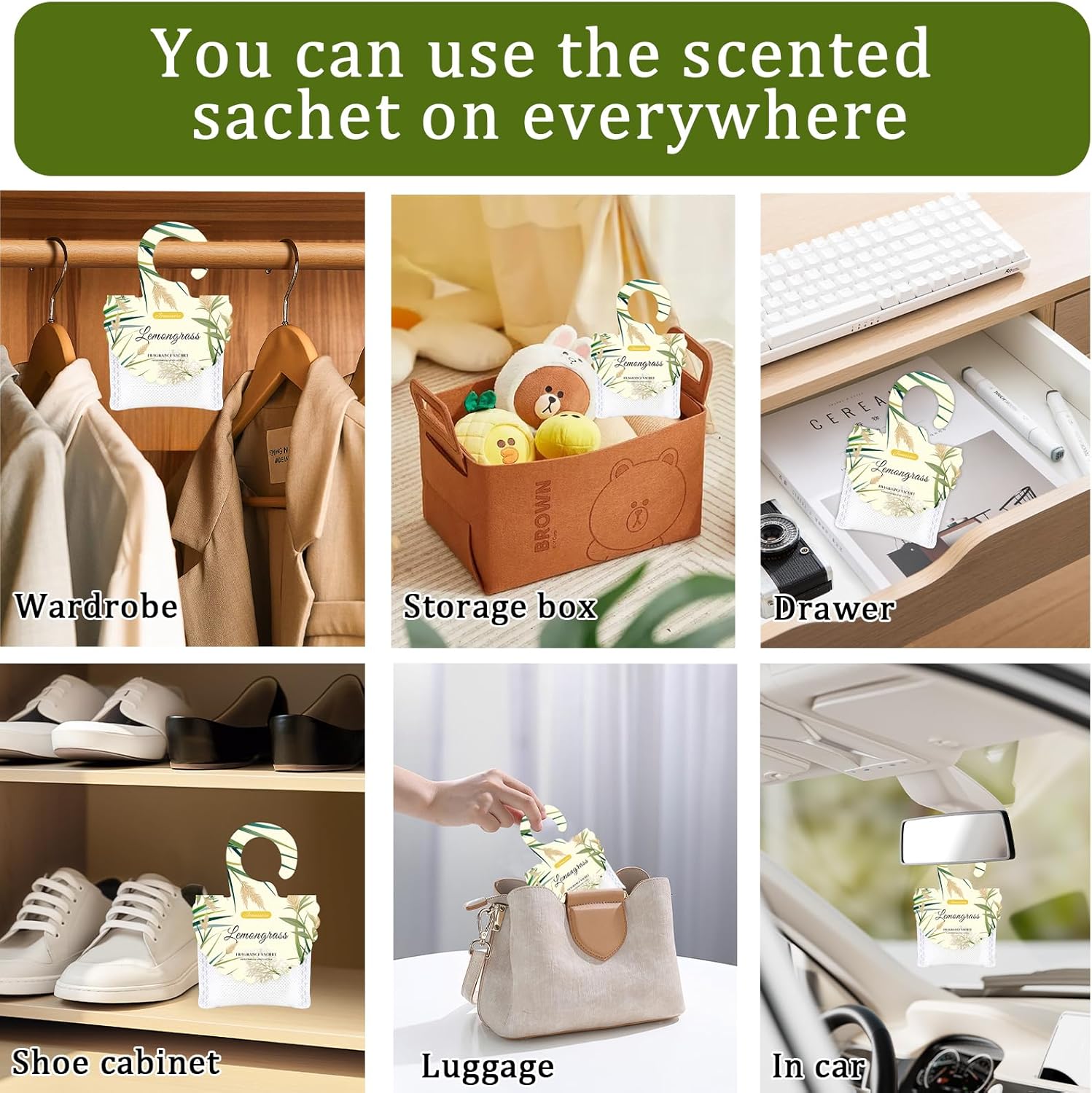 15 Packs Lemongrass Scented Sachets Bag for Drawers and Closets, Air Freshener for Home Fragrance Sachet, Long-Lasting Hanging Closet Deodorizer Smell Goods for House