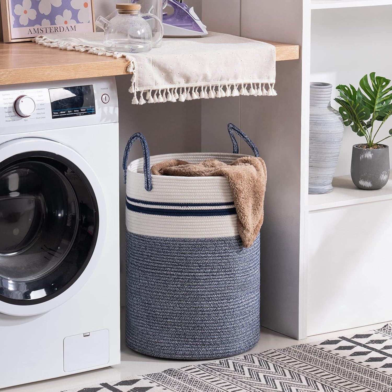 Woven Rope Laundry Hamper Basket by YOUDENOVA, 58L Tall Luandry Basket, Baby Nursery Hamper for Blanket Storage in Bedroom-Large-Blue