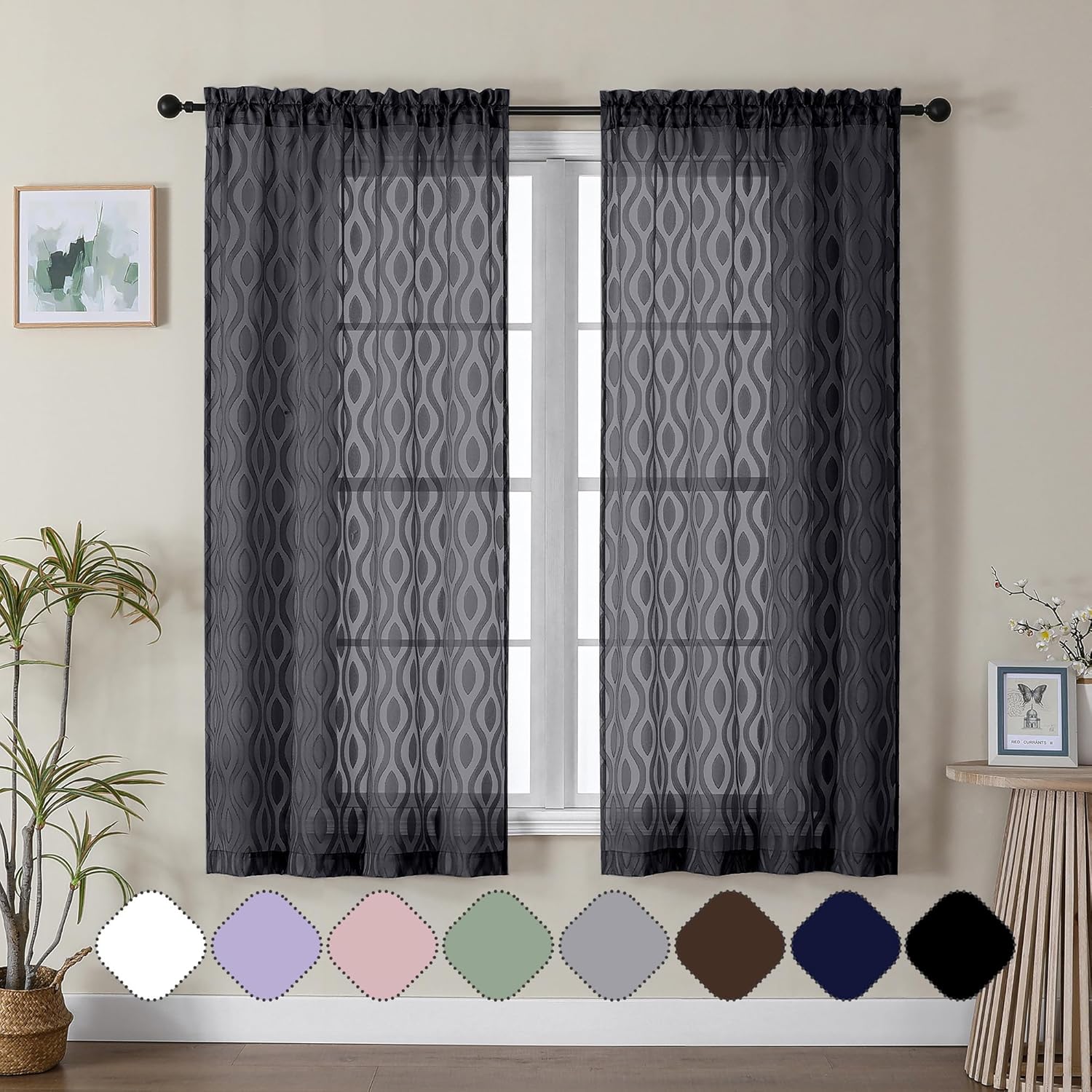 Aiyufeng Black Sheer Curtains 63 Inch Length 2 Panels Set, Solid Airy Light Filtering Voile for Bedroom Living Room, Modern Wavy Line Privacy Farmhouse Curtains, 40" W X 63" L
