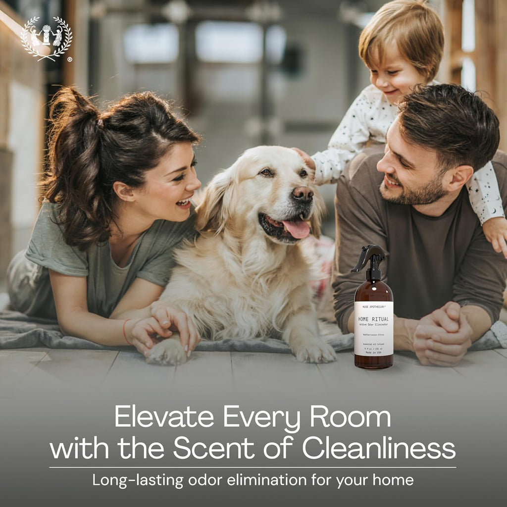 Muse Apothecary Home Ritual Active Odor Eliminator Spray - Furniture Deodorizer Spray & Bathroom Odor Eliminator for Home - Essential Oil Air Freshener - 8oz, Mediterranean Citrus