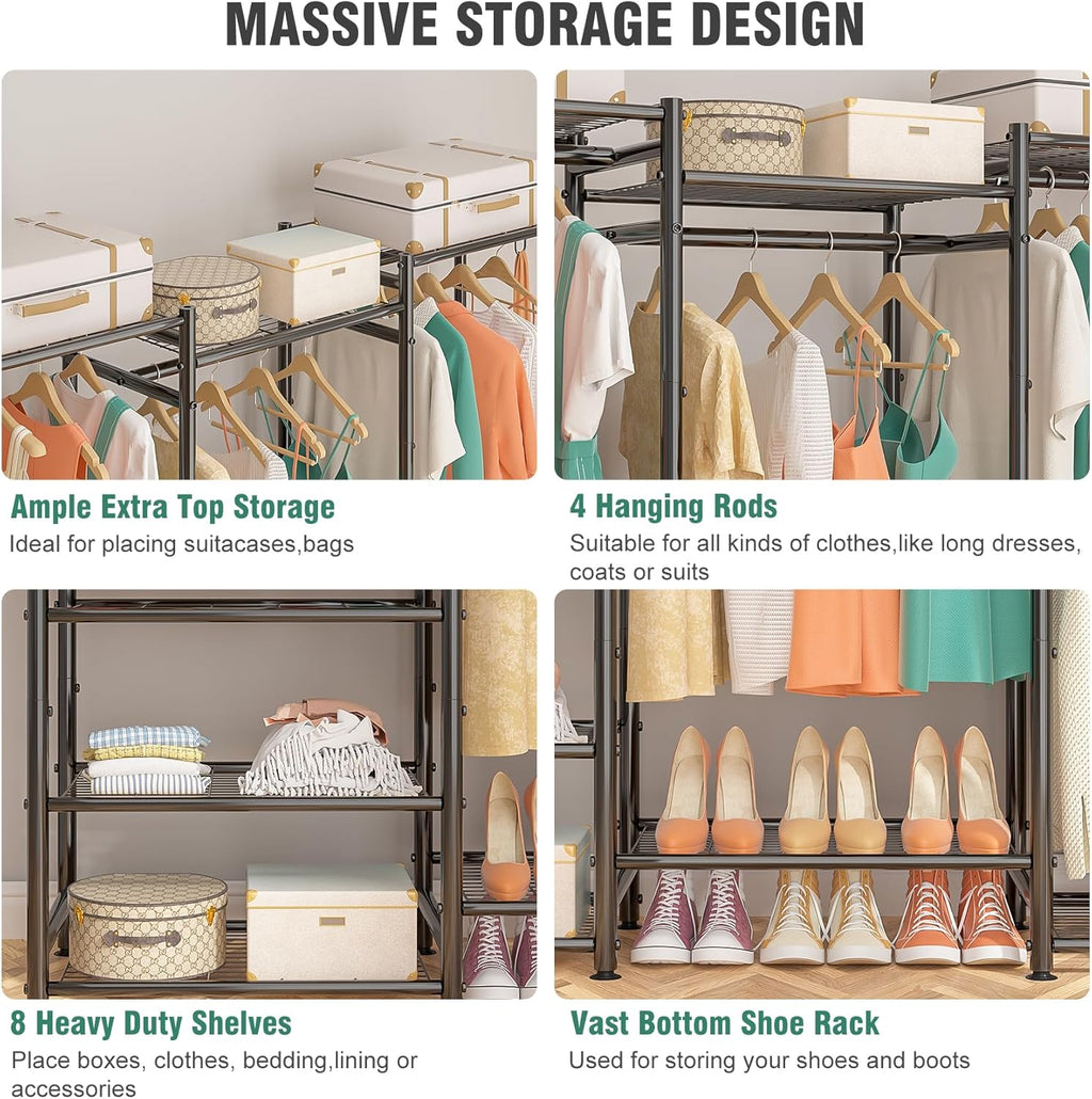Wardrobe Closet Heavy Duty Clothes Rack, Portable Closet Organizer System with 4 Hang Rods & 8 Shelves, Metal Clothing Rack Garment Rack for Hanging Clothes, Max Load 890 LBS