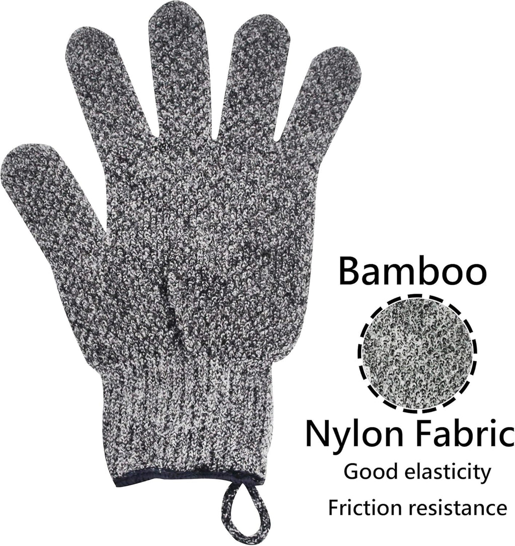 Exfoliating Gloves with Hanging Loop - 1 Pair Bamboo Charcoal Bath/Shower Gloves, Bath Gloves for Shower Exfoliating and Ingrown Hair/Dead Skin Remover - Bamboo Charcoal - Exfoliator Mitt Scrub Gloves