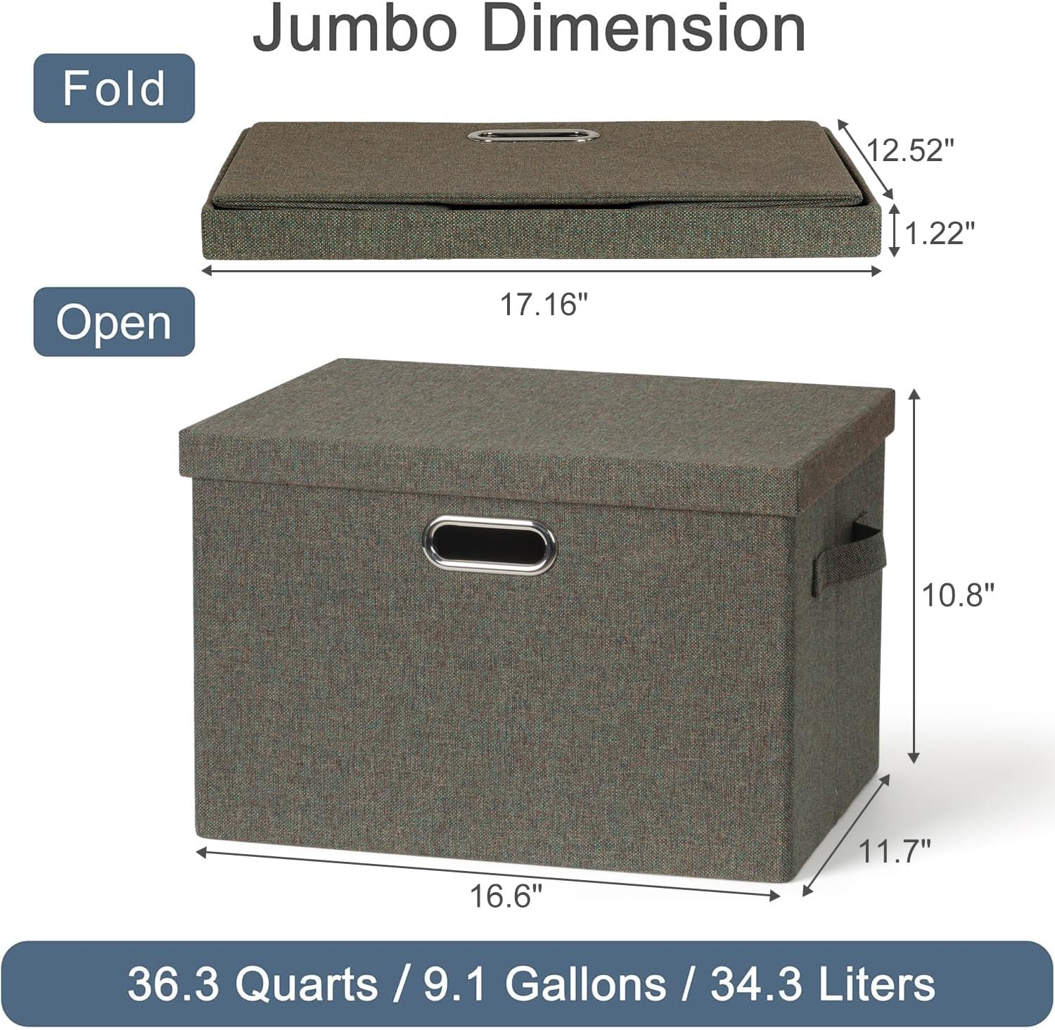 Large 17" 36 Quart Collapsible Stackable Storage Bins with Lids, 3 Packs Dark green Foldable Fabric Closet Storage Boxes with Lids, Heavy-duty Linen Cube Baskets(17x12x11)