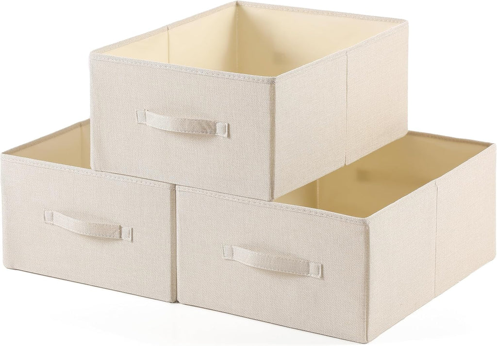 Linen Folding Storage Bins, 3 Pack Large Storage Baskets, Washable, Clothing Storage Bins with Handle, Closet Organizer for Storage Sweater,Sheets(Beige, 18½"x13½"x8½")