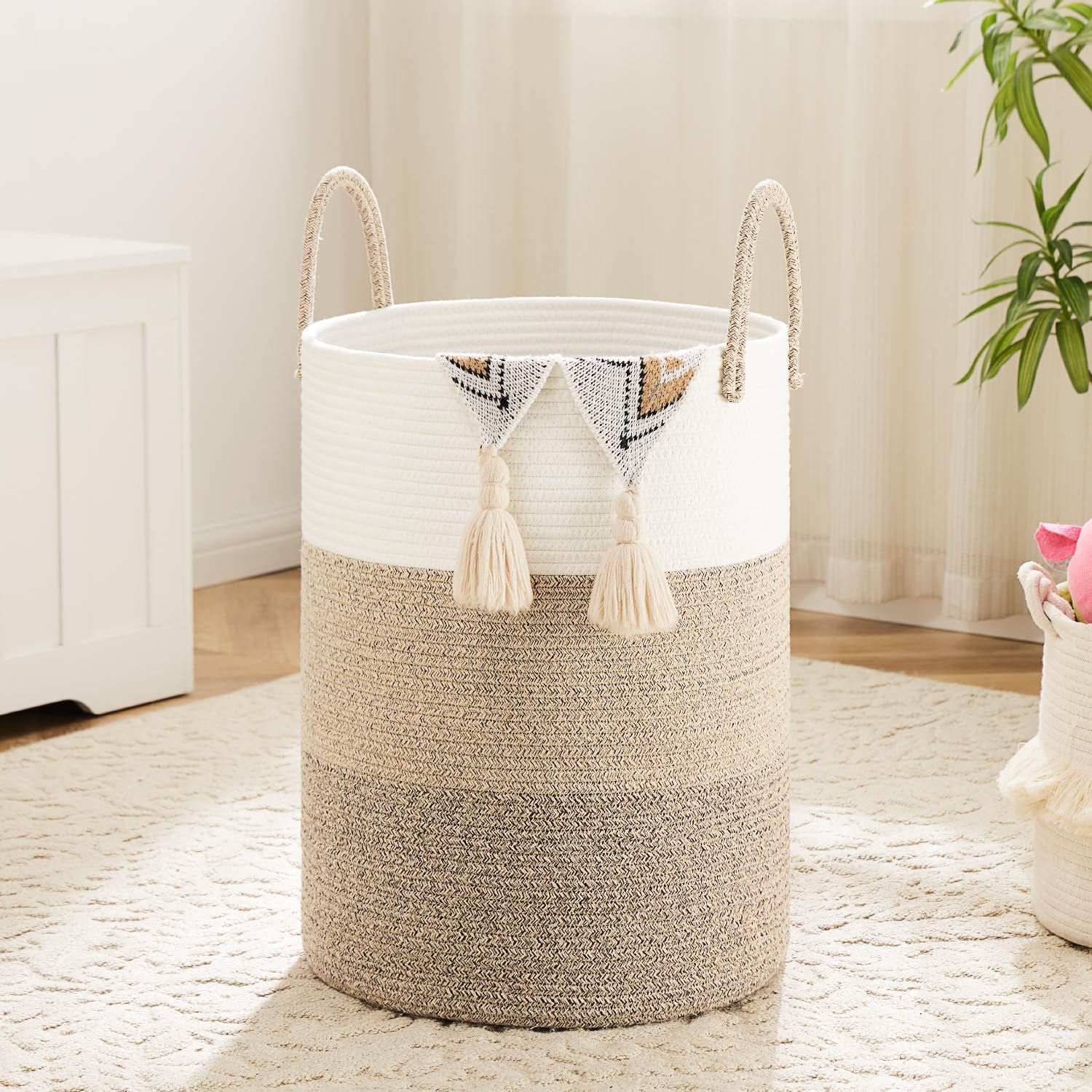 Laundry Basket,Woven Cotton Rope Laundry Hamper,80L for Decorative Storage of Dirty Clothes,Toys and Blankets in Bathroom,Bedroom and Living Room