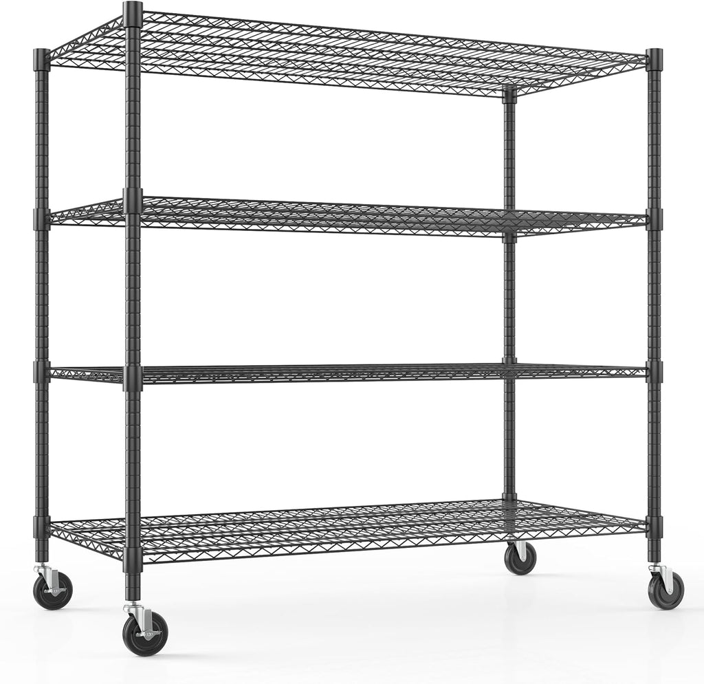 Himimi Storage Shelves with Wheels, 4-Tier Heavy Duty Steel Wire Rack Storage Shelving, Adjustable Metal Storage Shelves for Garage Kitchen Pantry Bathroom Laundry 18" D*60" W*72" H, Black