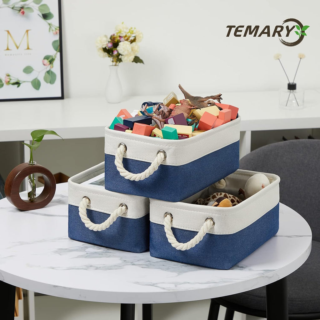 Temary Small Storage Baskets for Shelves, 6 Pcs Empty Gift Baskets for Organizing Clothes, Books, Fabric Storage Bins with Rope Handles (White&Blue,11.8 L x 7.9 W x 5.3 H inches)