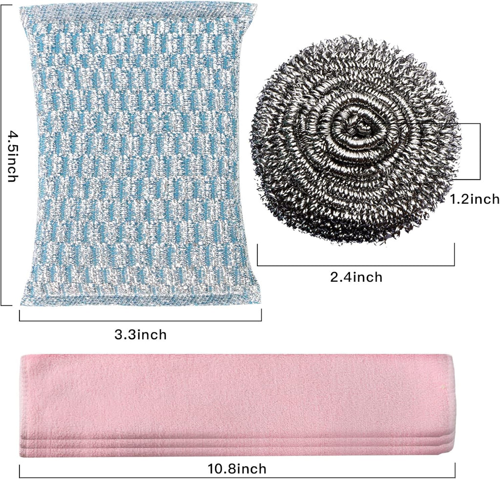 6pcs Stainless Steel Scrubber 2pcs Heavy Duty Scrub Sponges 1pcs Dish Clean Towel for Kitchens Bathroom and More