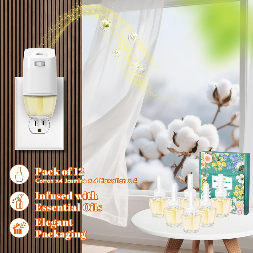 Plug-in Air Freshener Refills - Hawaiian Jasmine Cotton Scented Essential Oil Refills 6 Count Long-Lasting Fragrance - For Room and Bathroom, Compatible with Air Wick,Compatible with Glade