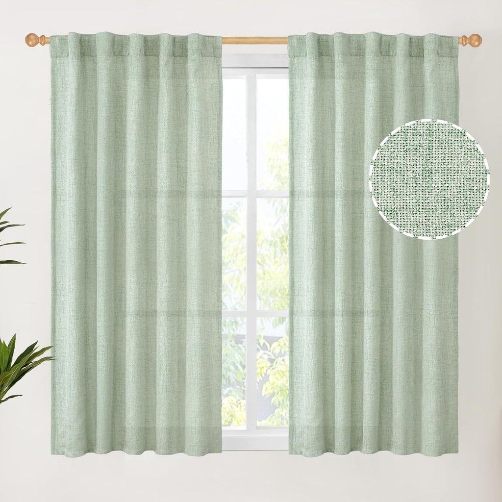 YoungsTex Sage Green Linen Semi Sheer Curtains 45 Inch Length for Kitchen Window, Light Filtering Short Drapes with Rod Pocket Back Tab for Bathroom Bedroom, 2 Panels, 42 X 45 Inch
