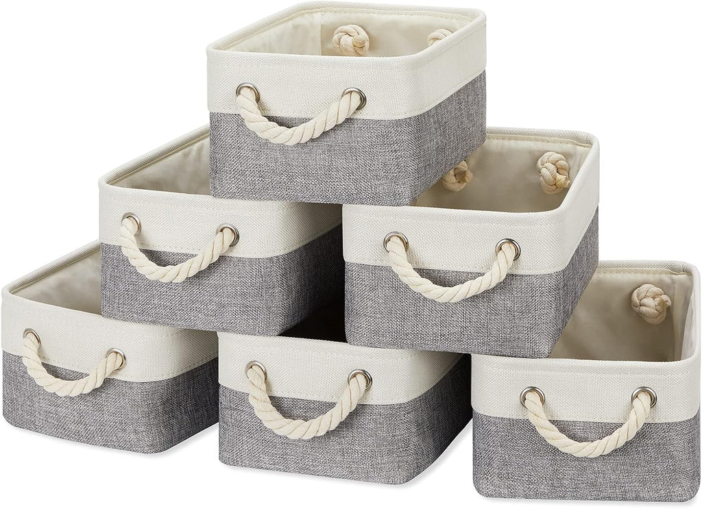 Temary Small Storage Baskets for Organizing 6Pcs Small Storage Bins, Decorative Collapsible Fabric Gift Baskets Empty for Home (White&Grey,11.8L x 7.9W x 5.3H inches)
