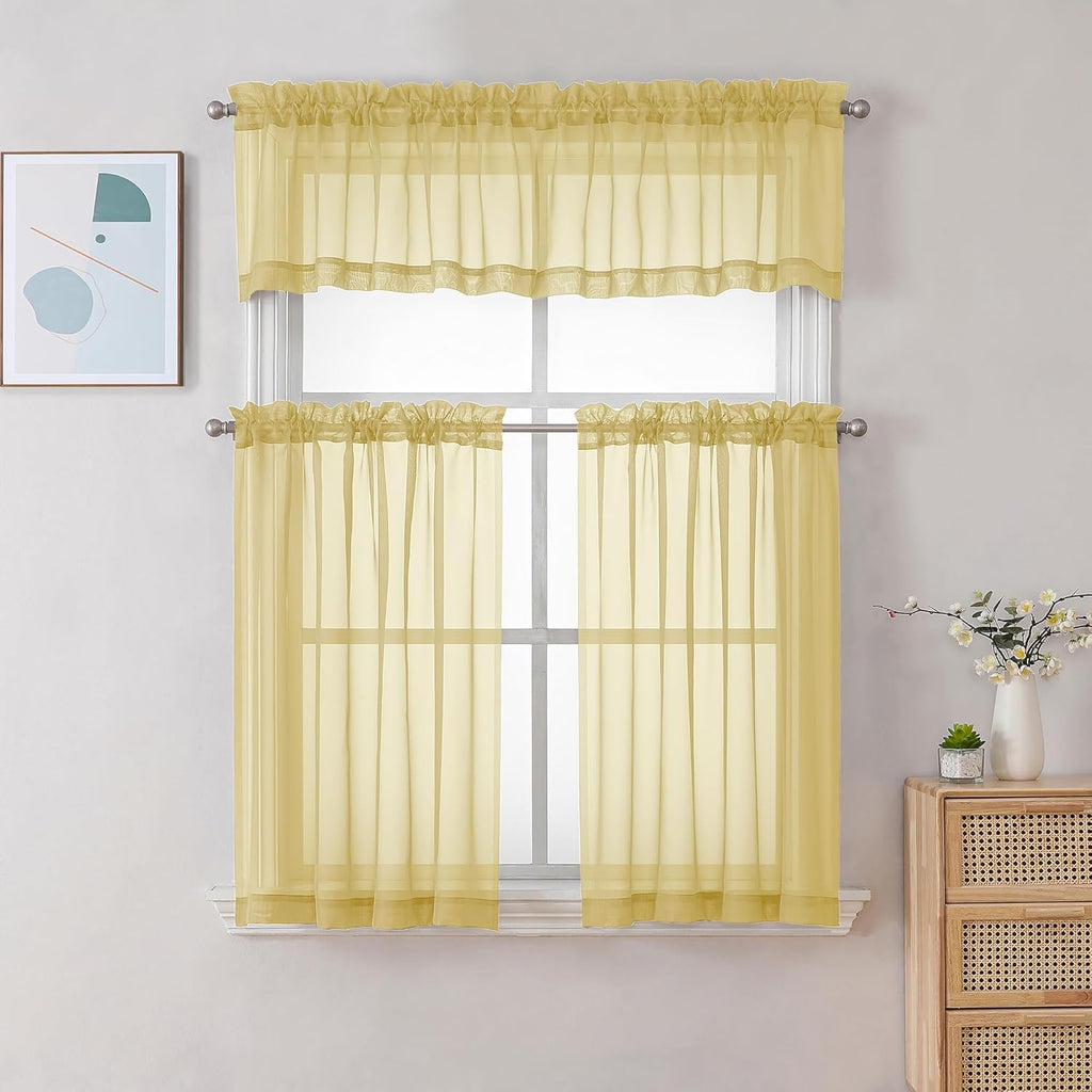 Chyhomenyc Yellow Sheer Curtains 30 inch Length 2 Panels, Light Filtering Voile Rod Pocket Short Window Curtians for Bathroom Living Room Farmhouse Small Windows, 42Wx30L inches