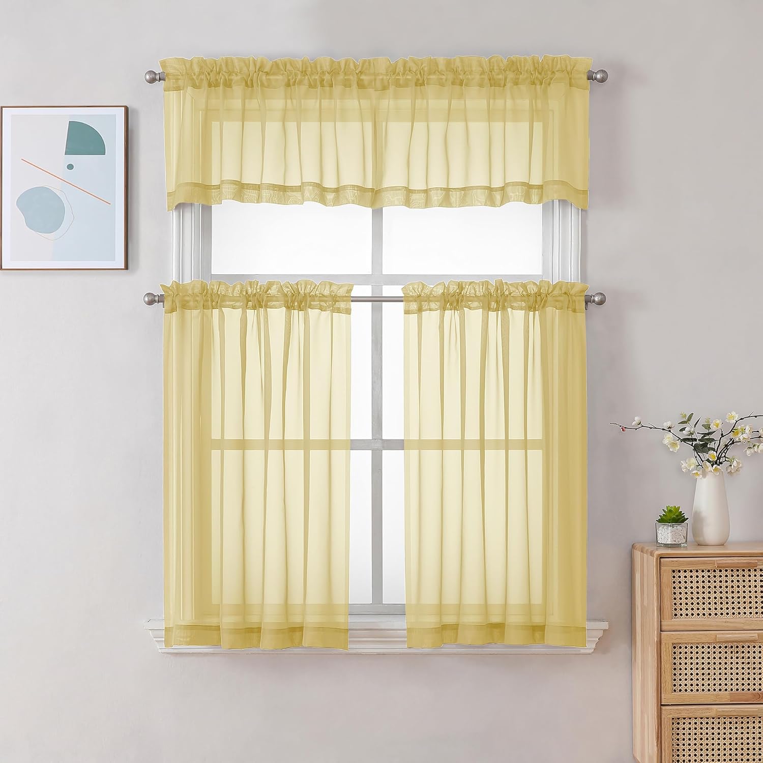 Chyhomenyc Yellow Sheer Curtains 30 inch Length 2 Panels, Light Filtering Voile Rod Pocket Short Window Curtians for Bathroom Living Room Farmhouse Small Windows, 42Wx30L inches