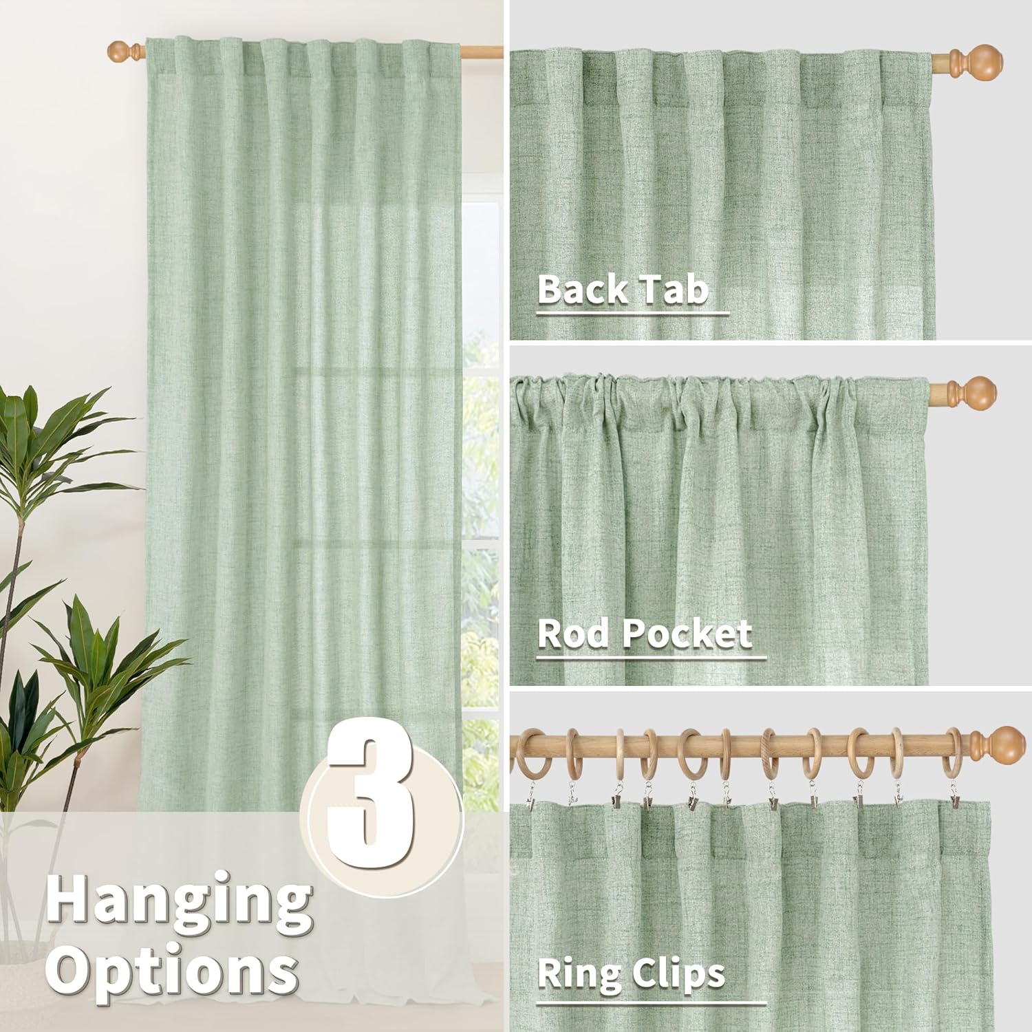 YoungsTex Sage Green Linen Semi Sheer Curtains 45 Inch Length for Kitchen Window, Light Filtering Short Drapes with Rod Pocket Back Tab for Bathroom Bedroom, 2 Panels, 42 X 45 Inch