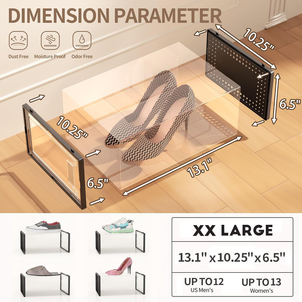 12 Pack XX Large Shoe Organizer Storage Boxes for Closet, Modular Space Saving Shoe Boxes Clear Plastic Stackable Sneaker Containers Display Case with Lids, Black