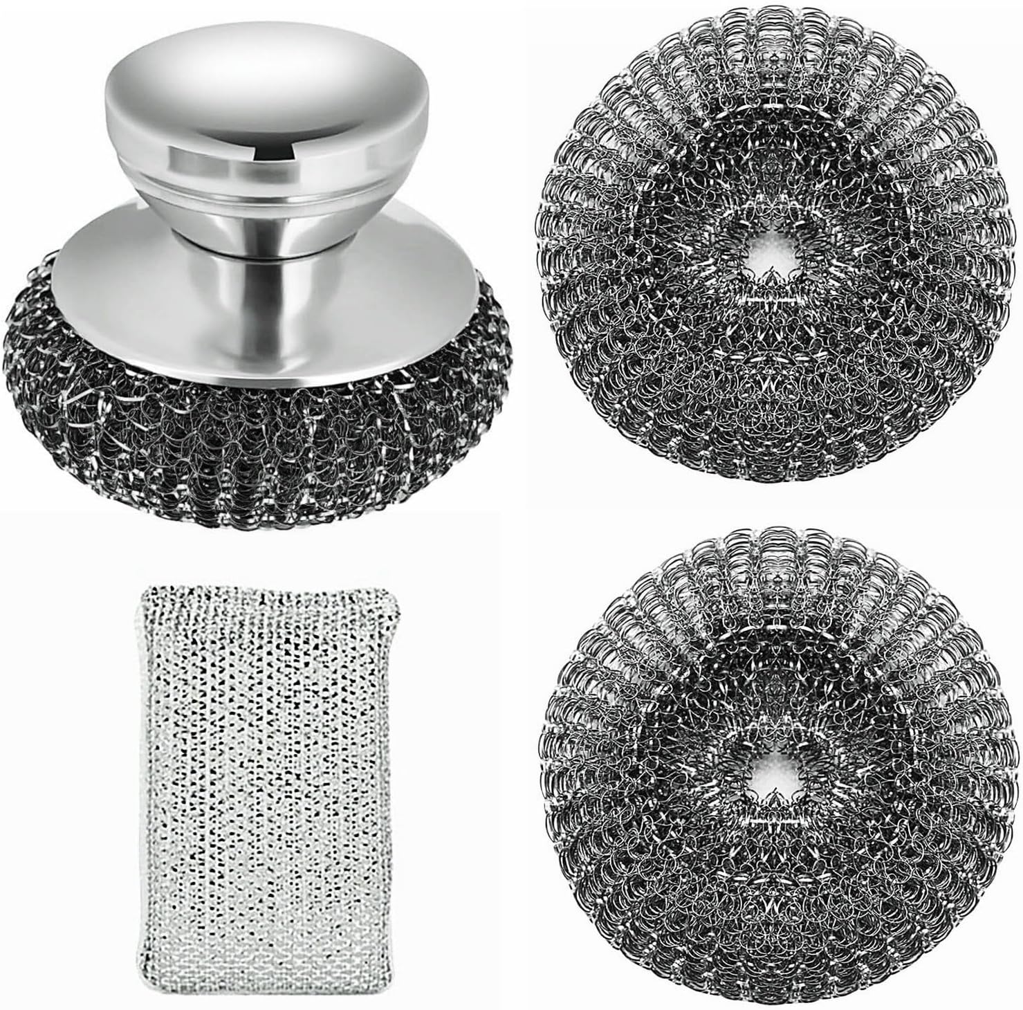 Stainless Steel Wool Scrubber with Short Handle Steel Scrubber Wool Pads for Cleaning Dishes Metal Scrubber Pot Scrubbers for Iron Pots, Stoves, Barbecue Grills, Wash Sink,Pans,2 Replace Heads