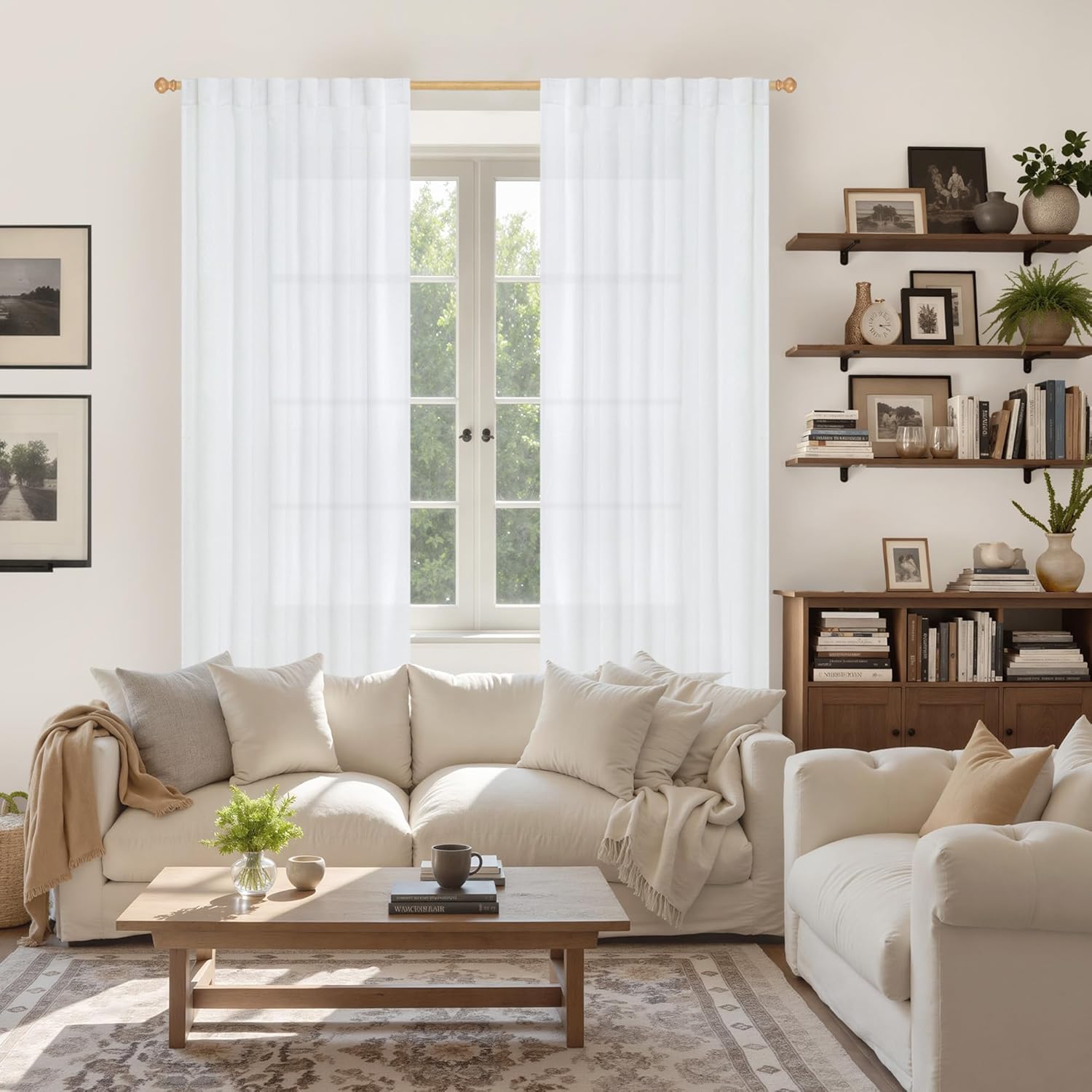 YoungsTex White Linen Curtains 80 Inch Length for Living Room, Light Filtering Semi Sheer Window Drapes Rod Pocket Back Tab Curtain for Bedroom Office Rustic Privacy, 2 Panels, 52 X 80 Inch