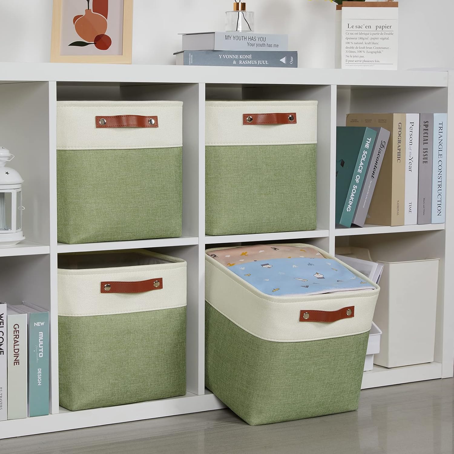 DULLEMELO Storage Basket, Linen Closet Organizers and Storage Baskets for Home Office, Suitable as Dog Toy Box, Baby Gift Basket, 4 Pieces 12x12 Decorative Cube Storage Bins(4 Pack - 12" White&Green)