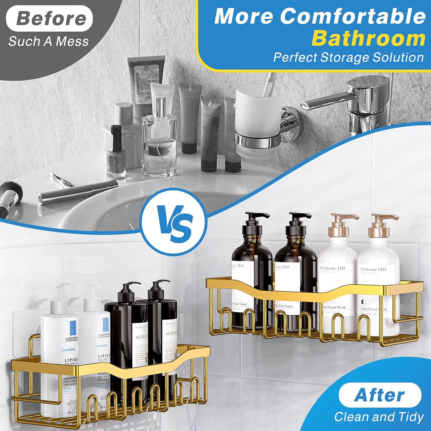 EUDELE 5-Pack Rustproof Stainless Steel Shower Caddy – No Drill Adhesive Bathroom Organizer with Large Capacity, Spacious Shower Shelves for Inside Shower, Kitchen & Home Decor Storage-XL Size