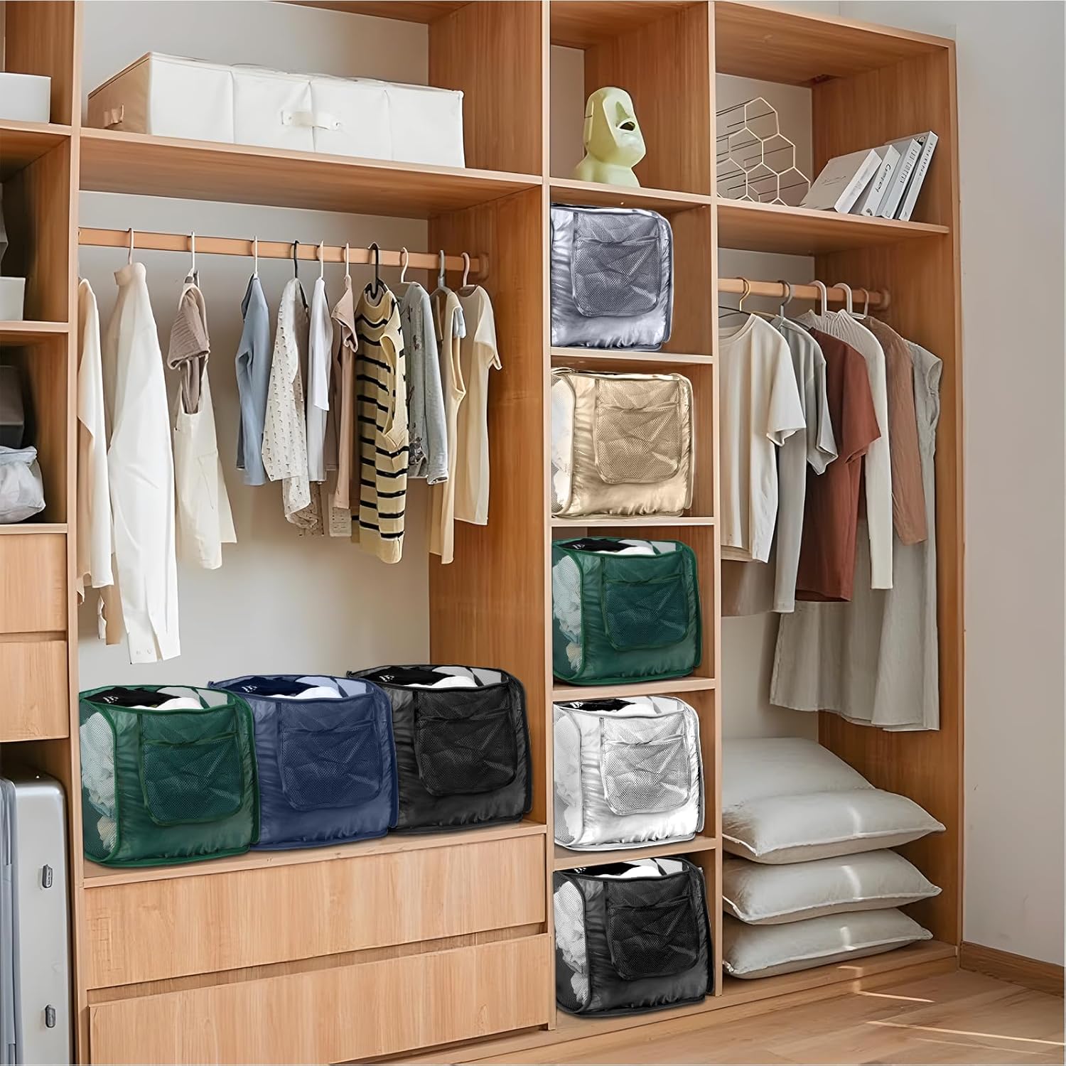 4 Pack Closet Storage Bins, Storage Containers for Closets, Fabric Closet Bins for StorageDecorative ,Collapsible Baskets for Organizing Clothes Toy Nursery (Beige)