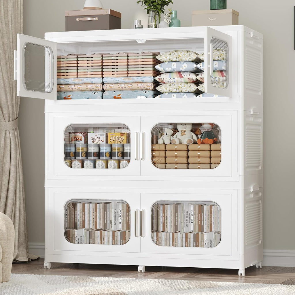 150GAL Extra Large Storage Bins with Lid, 600QT Storage Bins with Wheels, Folding Closet Organizer, Stackable Collapsible Plastic Storage Containers for Home, Office, Dorm, 3Pack White