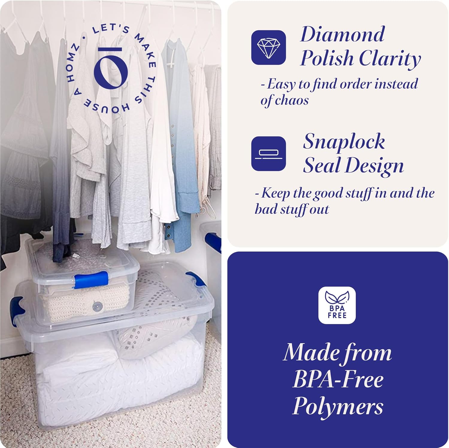 HOMZ 2-Pack Latching Lid, Clear Plastic Storage Organizer Bins, 112 Quart, Blue Latch - Stackable Organizing Containers for Home, Garage, and Office