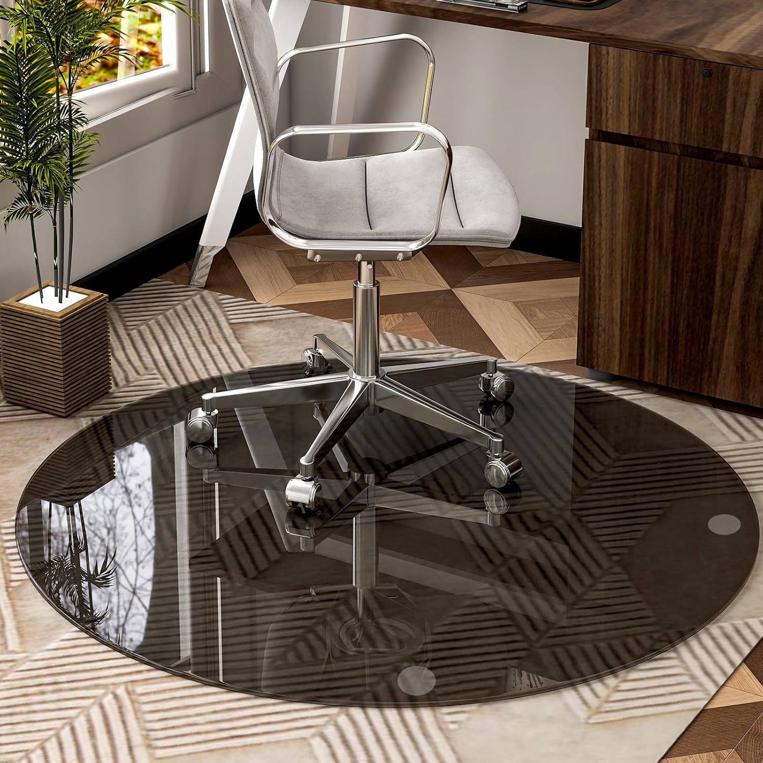 46" x 46" Round Tempered Glass Chair Mat for Carpet & Hardwood, Heavy-Duty Glass Floor Mat for Office Chair, Durable Glass Desk Mat for Home and Office, Gray