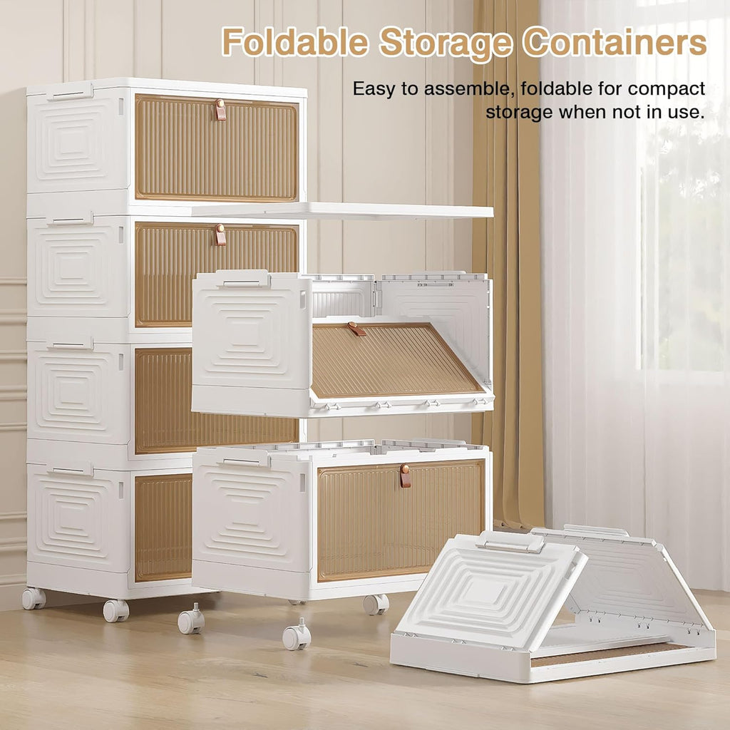 VECELO 3 Tier Storage Bins with Lid, Stackable Storage Boxes with Magnetic Doors & Wheels, Foldable Storage Containers, 23 QT Closet Organizers and Storage for Living Room, Office, Dorm