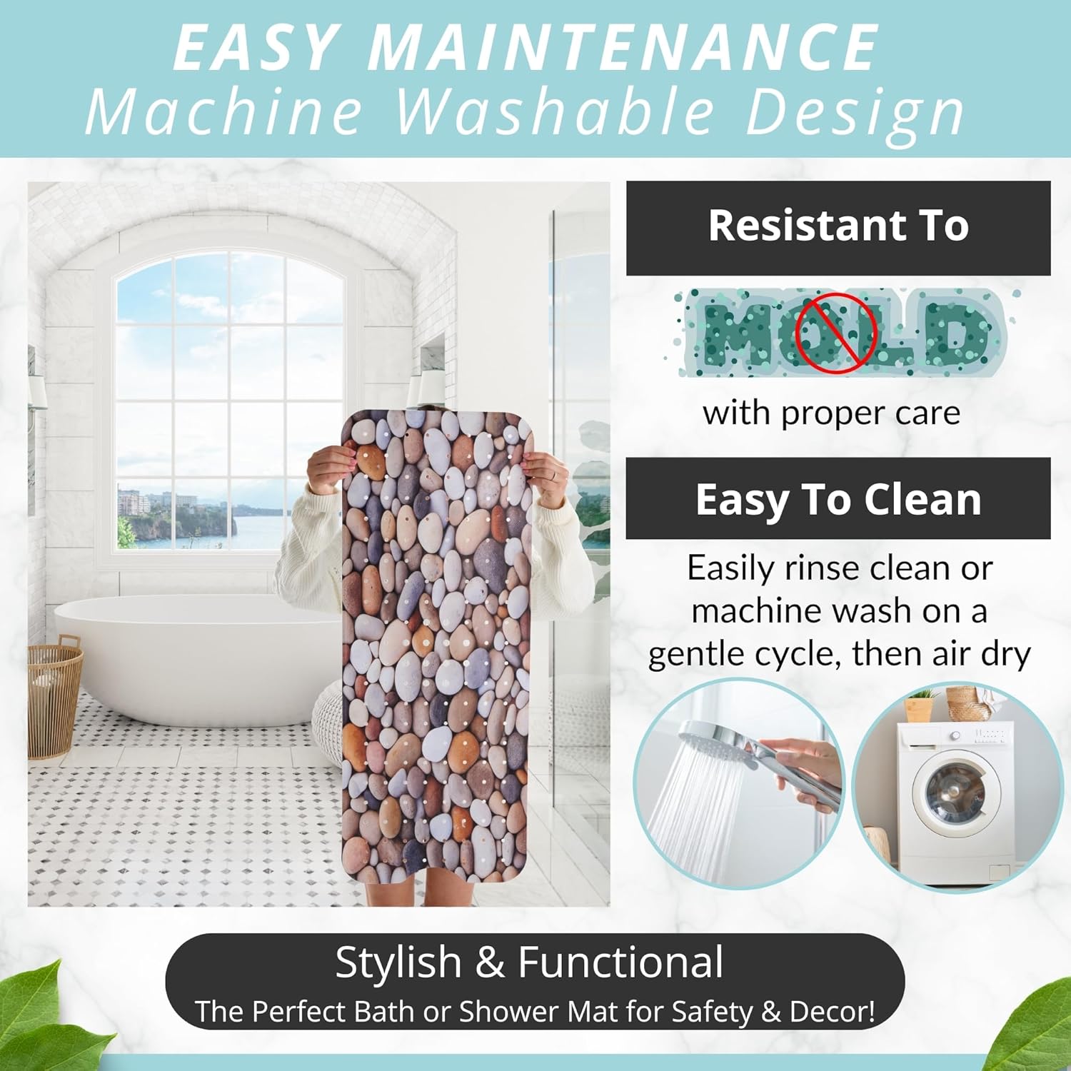 ENKOSI Bath Mat – Large 40 x 16 Inch Non-Slip Bathtub Mat with Suction Cups & Drain Holes – Extra Long Bathroom Shower Mat for Tub with Pebble Design (40x16 Pebble Stone)