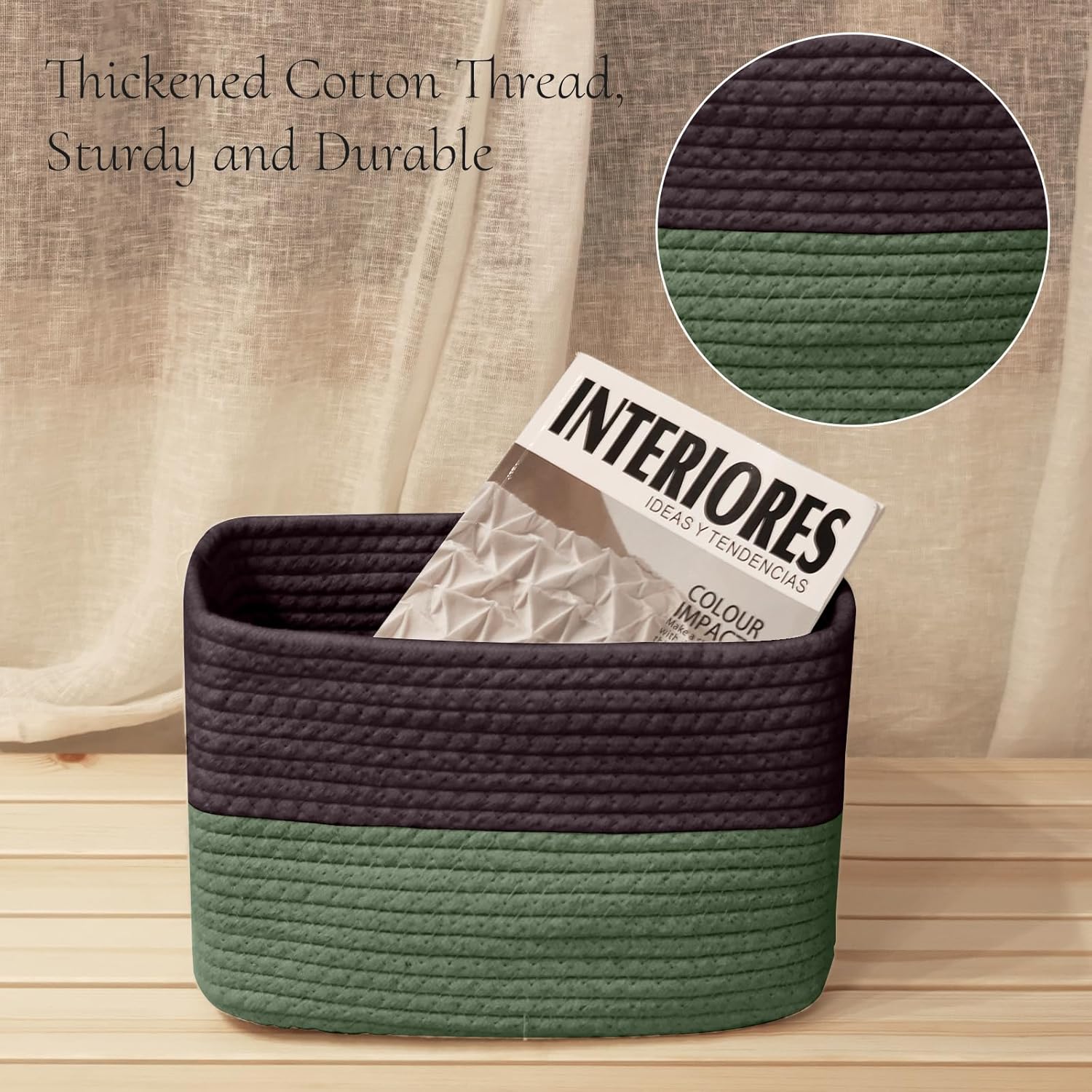 Hopegiver Woven Storage Baskets 11x8x7 Inch, 3 Pack Collapsible Cube Storage Bin for Shelves - Foldable Cotton Rope Organizer Bins for Towels, Toys, Books, Closet, Nursery (Brown Green)