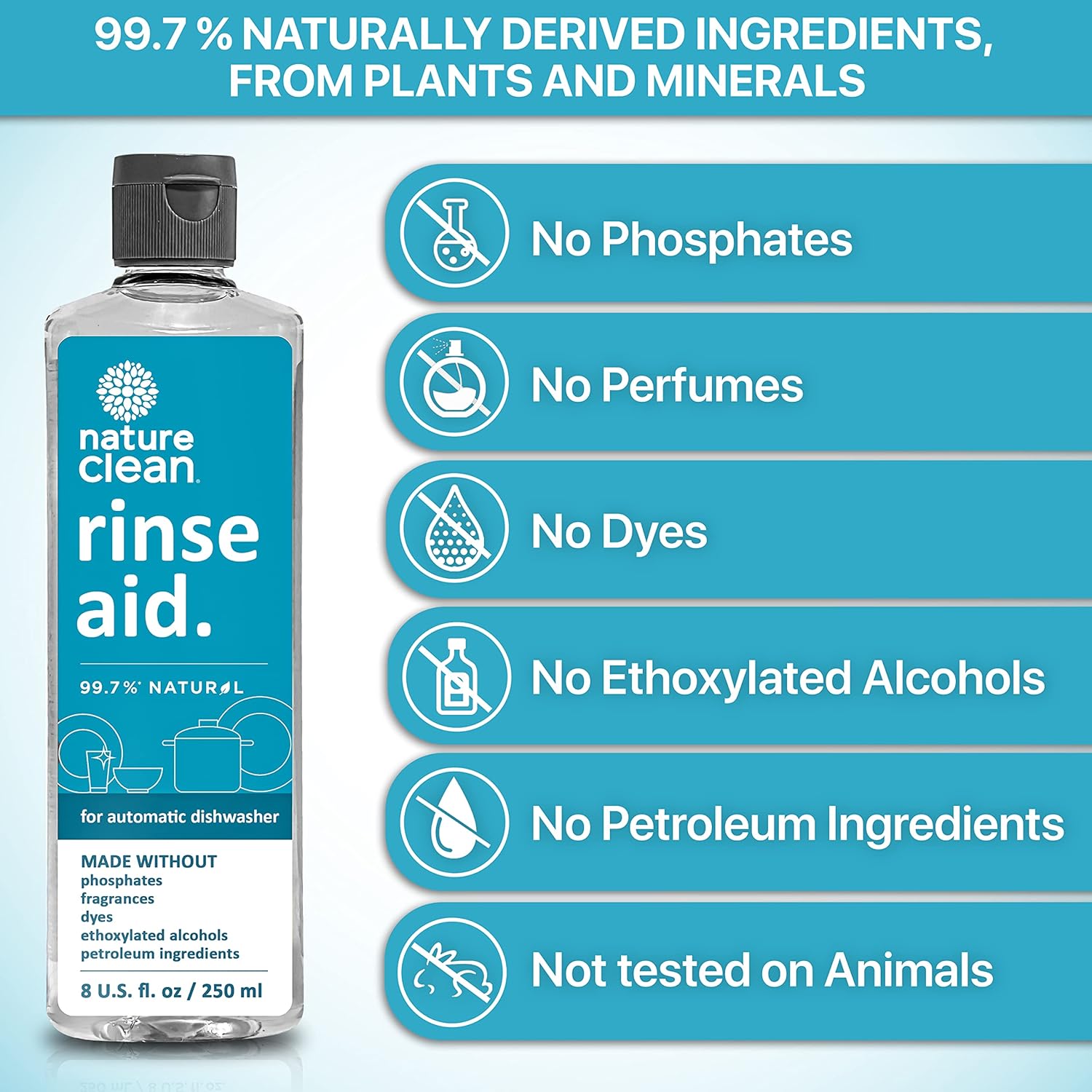 Nature Clean All Natural Dishwasher Rinse Aid Cleaner, Liquid Dishwasher Rinse Agent for Spot-Free Glass & Cutlery in Hard Water, Non Toxic Dish Washer Rinse Aid & Stain Remover, 8 oz/250ml, Pack of 3