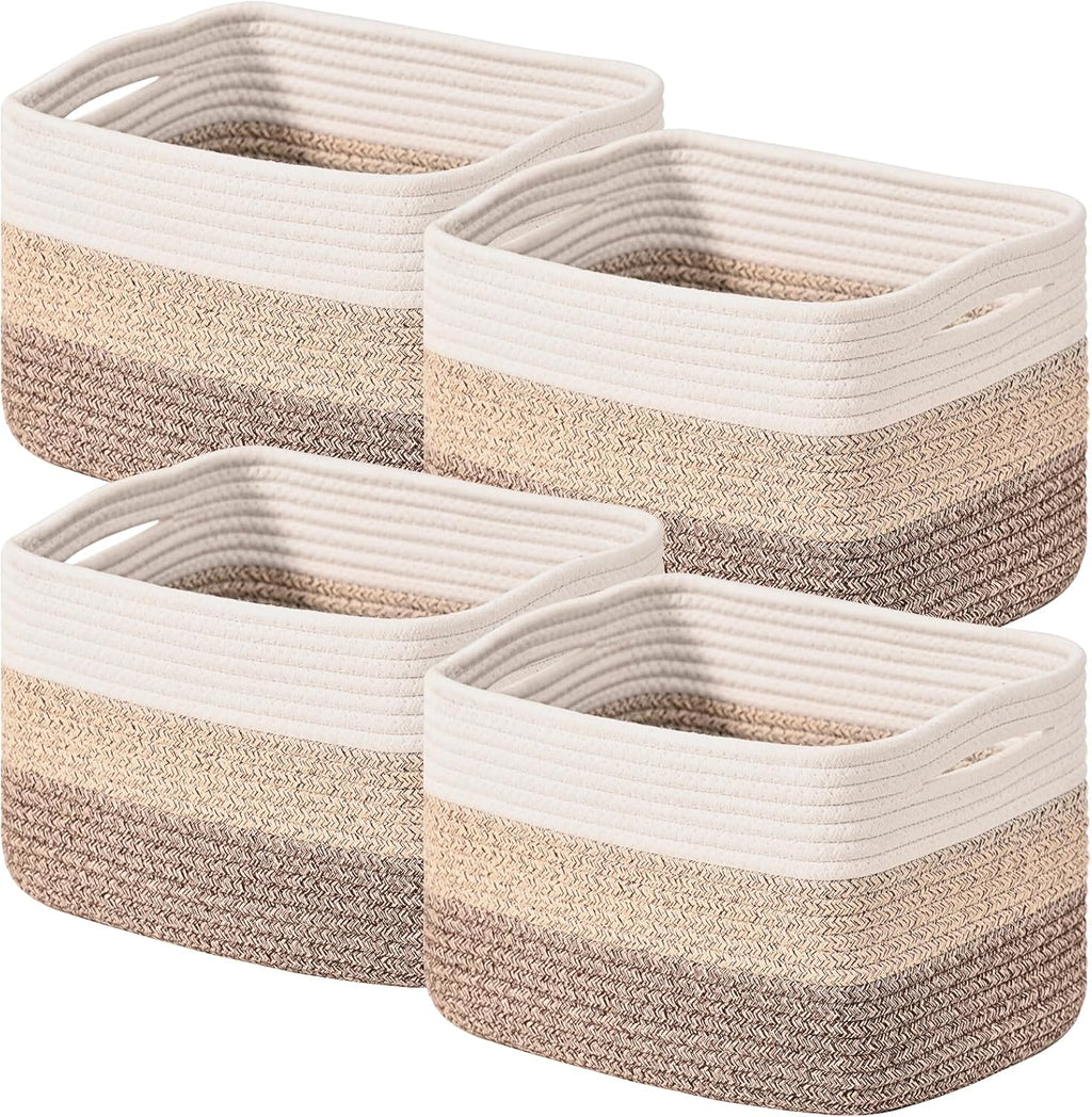 Shelf Baskets for Organizing, Storage Baskets for Shelves, Woven Baskets for Storage, Cotton Rope Baskets with Handles for Toy, Book, Clothes, 12.5"Lx9.1W"x7.9H", (4 Packs) Gradient Brown