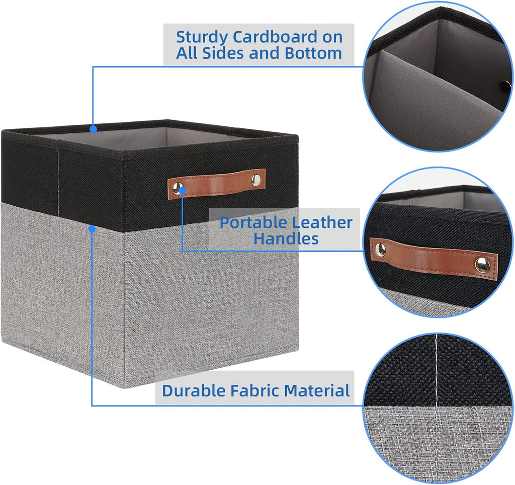 Temary 11 x 11 Cube Storage Bins Fabric Storage Cubes for Shelf, Closet, 4 Pack Cube Basket for Clothes, Storage Cube Bins with Leather Handles(Black&Grey)